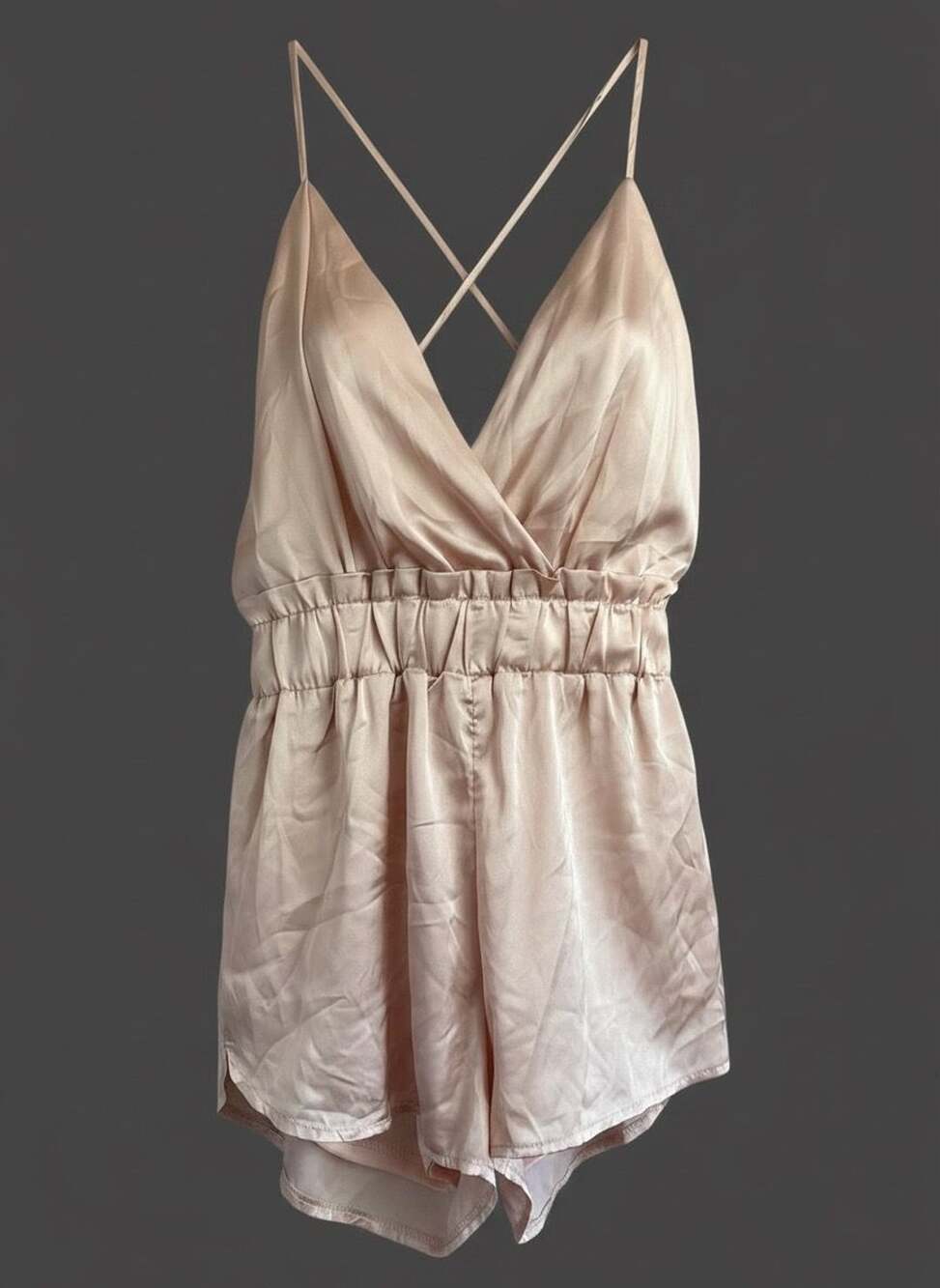 Shinestar Blush Pink Champagne Satin Cross-Back Sz M Romper 🎀 | Coquette / Y2K